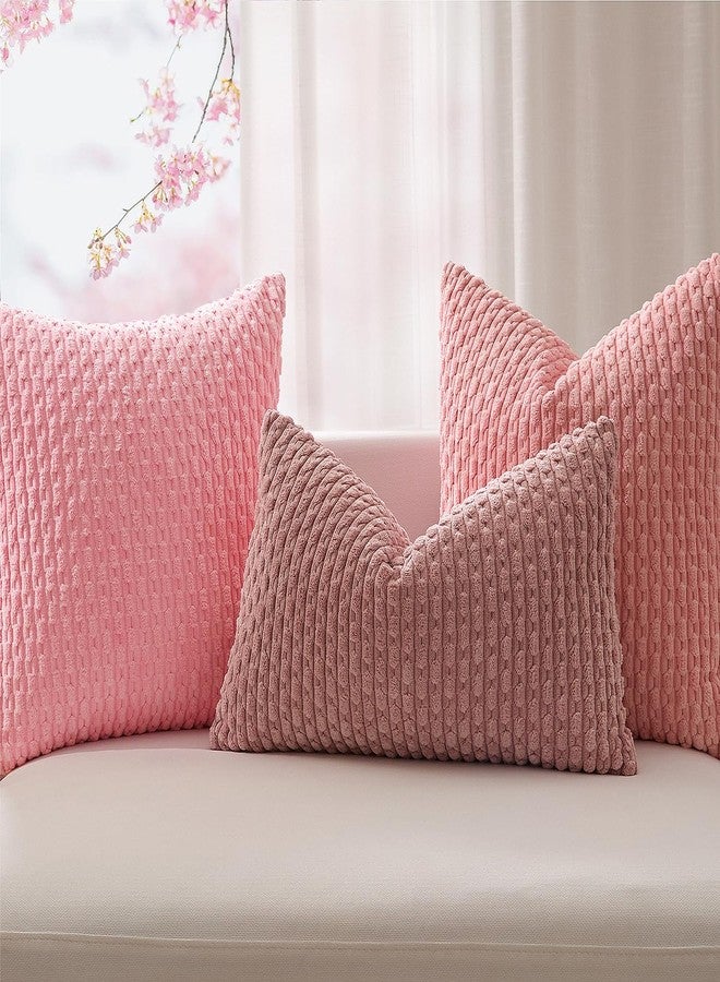 K KEVIN TEXTILE طقم أغطية وسائد ديكور من كيفن تيكستايل، قطعتان، وسائد مخملية مخططة، أغطية وسائد، ديكور منزلي بوهيمي، أغطية وسائد للأريكة والسرير وغرفة المعيشة، مقاس 18 × 18 بوصة، لون وردي داكن - Image 3