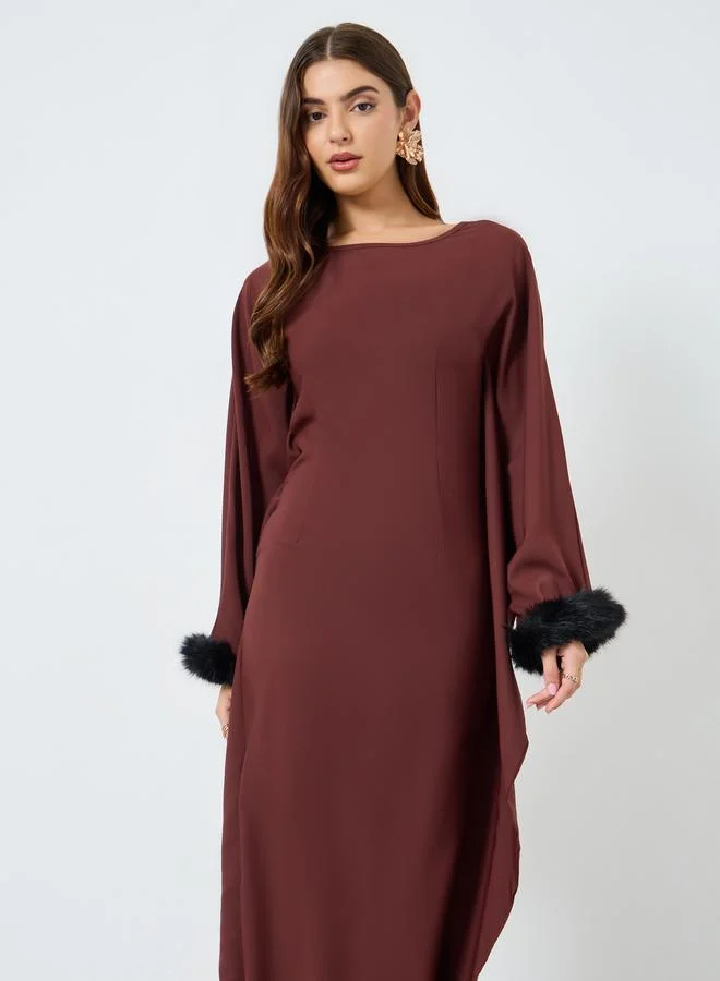 تايك تو Rust Maxi Dress with Faux Fur Cuffs