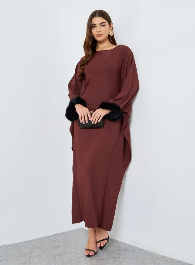 تايك تو Rust Maxi Dress with Faux Fur Cuffs