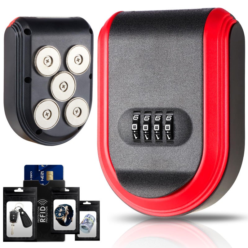 Domthent Magnetic Key Box for Under Car, Lockbox for Keys with Combination Lock, Signal Shield Bag and 5 Strong Magnets, Hide a Key Outside for Vehicle, Home or Office Use (1, RED) - Image 1