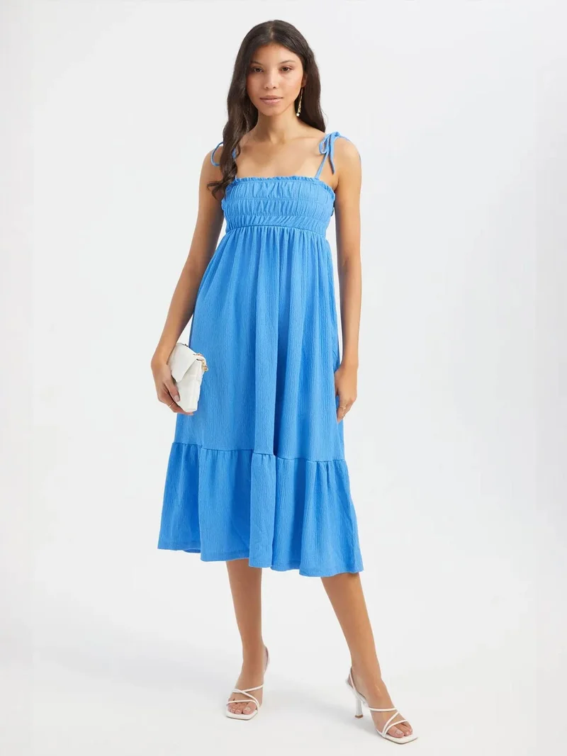 HICCUP Square Neck Tie Strap Smocked Midi Dress with a Tiered