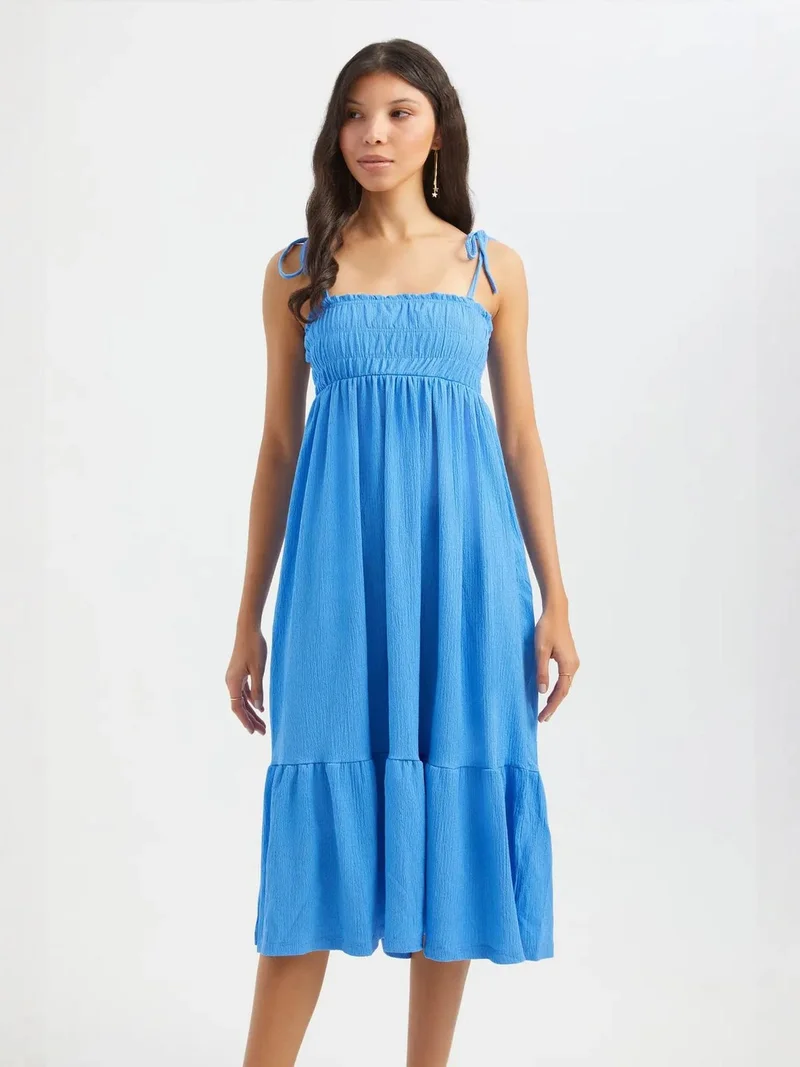 HICCUP Square Neck Tie Strap Smocked Midi Dress with a Tiered