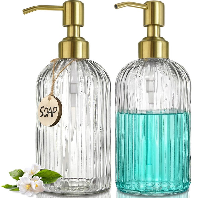 JASAI 2PACK 18Oz Fluted Glass Soap Dispenser with Golden Rust Proof Pump, Refillable Kitchen soap Dispenser with Vertical Stripe, Bathroom Soap Dispenser for Dispense Hand soap, Dish Soap, Lotion. - Image 1