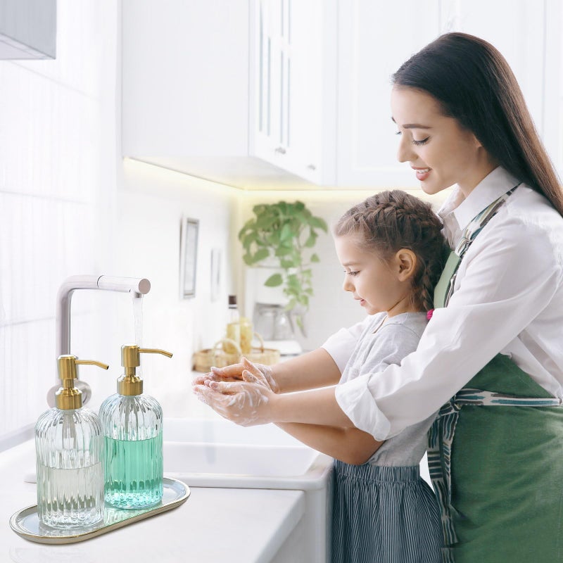 JASAI 2PACK 18Oz Fluted Glass Soap Dispenser with Golden Rust Proof Pump, Refillable Kitchen soap Dispenser with Vertical Stripe, Bathroom Soap Dispenser for Dispense Hand soap, Dish Soap, Lotion. - Image 4