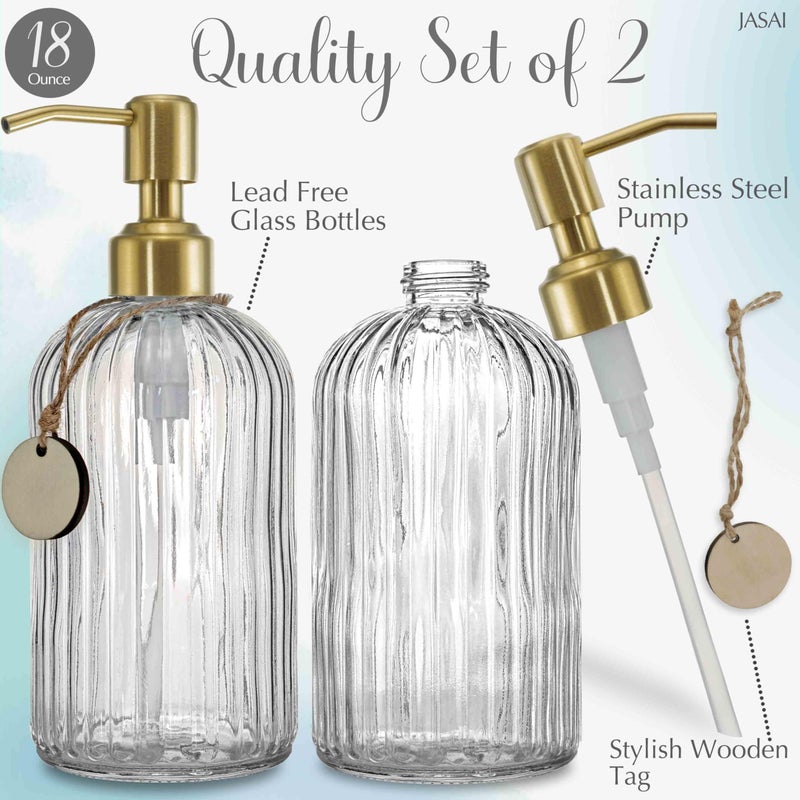 JASAI 2PACK 18Oz Fluted Glass Soap Dispenser with Golden Rust Proof Pump, Refillable Kitchen soap Dispenser with Vertical Stripe, Bathroom Soap Dispenser for Dispense Hand soap, Dish Soap, Lotion. - Image 2