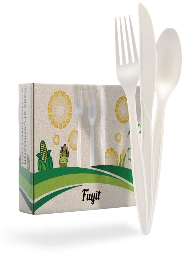 Fuyit 150 Count Compostable Cutlery Set, Disposable Biodegradable Utensils Eco-friendly Durable Cornstarch Flatware Includes 50 Forks, Knives & Spoons for Party, BBQ, Picnic & Potlucks (White) - Image 1