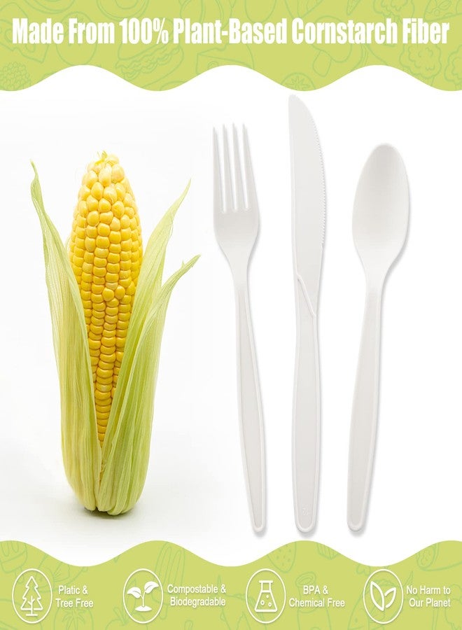 Fuyit 150 Count Compostable Cutlery Set, Disposable Biodegradable Utensils Eco-friendly Durable Cornstarch Flatware Includes 50 Forks, Knives & Spoons for Party, BBQ, Picnic & Potlucks (White) - Image 2