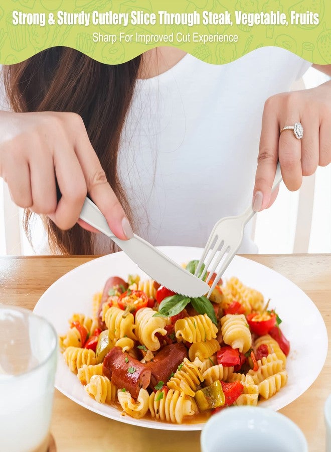 Fuyit 150 Count Compostable Cutlery Set, Disposable Biodegradable Utensils Eco-friendly Durable Cornstarch Flatware Includes 50 Forks, Knives & Spoons for Party, BBQ, Picnic & Potlucks (White) - Image 3