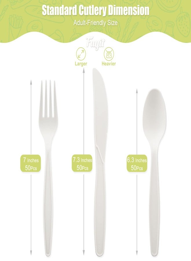 Fuyit 150 Count Compostable Cutlery Set, Disposable Biodegradable Utensils Eco-friendly Durable Cornstarch Flatware Includes 50 Forks, Knives & Spoons for Party, BBQ, Picnic & Potlucks (White) - Image 4