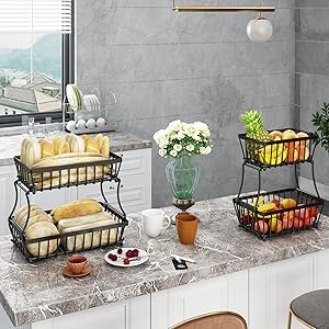 Ndola Fruit Baskets with 2 Tier for Kitchen Countertop 31 x 30 x 18 cm Stylish Kitchen Organiser in Space Saving Steel Design Display Stand for Fresh Fruit Vegetables and Snacks - Image 1