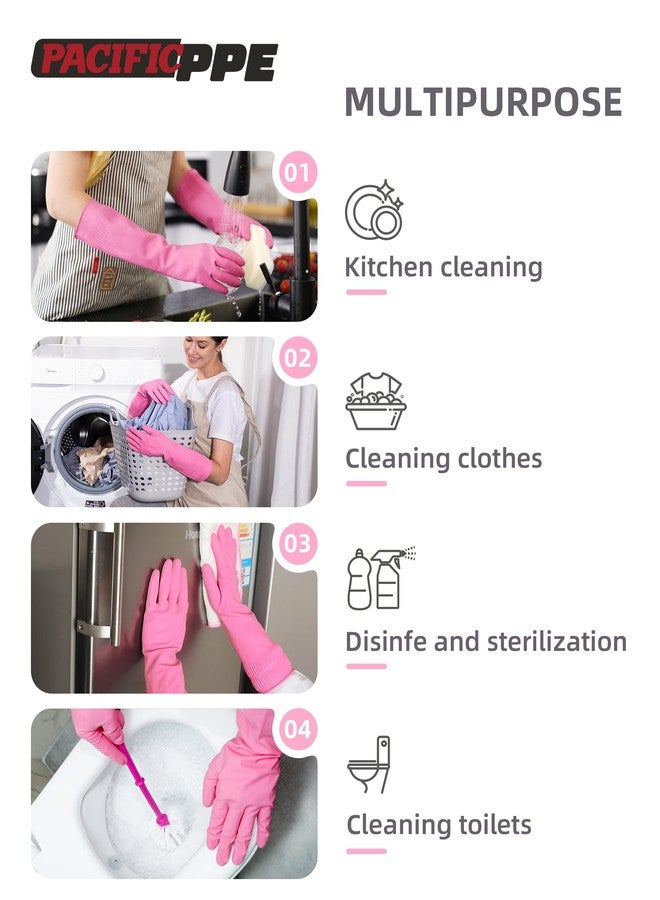 PACIFIC PPE قفازات مطاطية قابلة لإعادة الاستخدام من PACIFIC عدد 2 للغسيل والتنظيف، قفازات منزلية مقاومة للماء للمطبخ والحمام، قفازات غسيل صحون مطاطية، وردي، صغير - Image 5