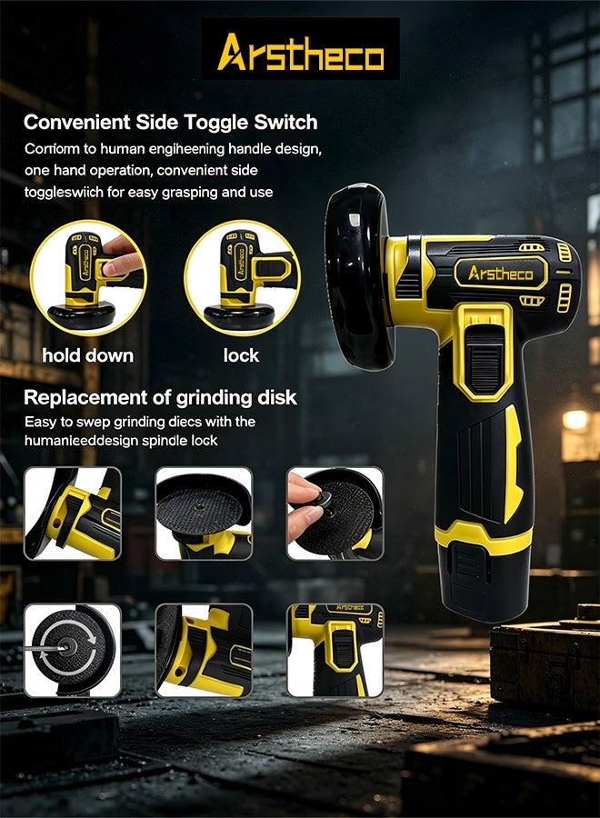Arstheco 12V Cordless Mini Angle Grinder, Brushless Motor, 2 Lithium Batteries, Multi-Purpose for Cutting and Grinding - Image 3