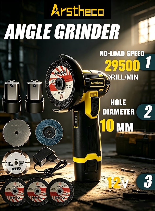 Arstheco 12V Cordless Mini Angle Grinder, Brushless Motor, 2 Lithium Batteries, Multi-Purpose for Cutting and Grinding - Image 1