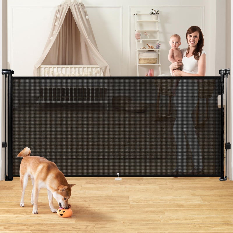 Pravoluxmax Retractable Baby Gates - 200" Extra Wide Retractable Dog Gate, 42" Extra Tall Mesh Gate Pet Gate with Support Rods, Long Child Safety Gate for Stairs Doorways Indoor Outdoor Large Openings - Black - Image 5