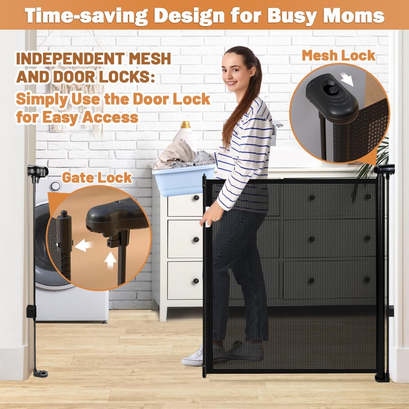 Pravoluxmax Retractable Baby Gates - 200" Extra Wide Retractable Dog Gate, 42" Extra Tall Mesh Gate Pet Gate with Support Rods, Long Child Safety Gate for Stairs Doorways Indoor Outdoor Large Openings - Black - Image 3