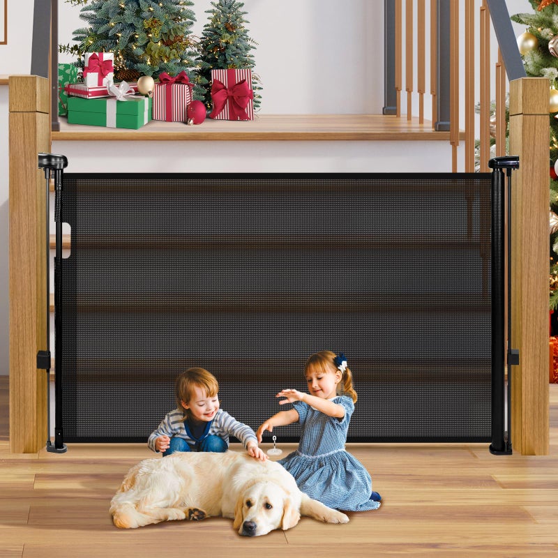 Pravoluxmax Retractable Baby Gates - 200" Extra Wide Retractable Dog Gate, 42" Extra Tall Mesh Gate Pet Gate with Support Rods, Long Child Safety Gate for Stairs Doorways Indoor Outdoor Large Openings - Black - Image 1