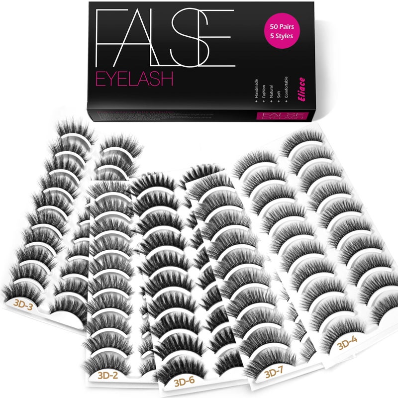 Eliace Eyelashes, (50 Pairs,5 Styles) Luxurious Faux Mink Lashes Natural Look Wispy Fluffy Handmade Cat Eye False Lash Pack, False Eyelashes Set, Fake Lashes Strips, Makeup Fake Eyelashes Pack - Image 1