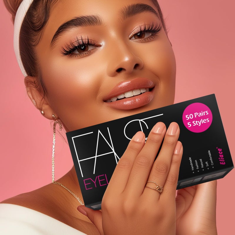 Eliace Eyelashes, (50 Pairs,5 Styles) Luxurious Faux Mink Lashes Natural Look Wispy Fluffy Handmade Cat Eye False Lash Pack, False Eyelashes Set, Fake Lashes Strips, Makeup Fake Eyelashes Pack - Image 5