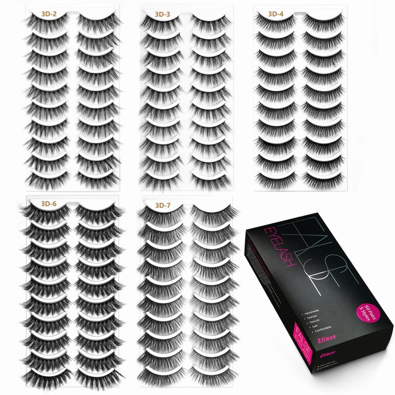 Eliace Eyelashes, (50 Pairs,5 Styles) Luxurious Faux Mink Lashes Natural Look Wispy Fluffy Handmade Cat Eye False Lash Pack, False Eyelashes Set, Fake Lashes Strips, Makeup Fake Eyelashes Pack - Image 3