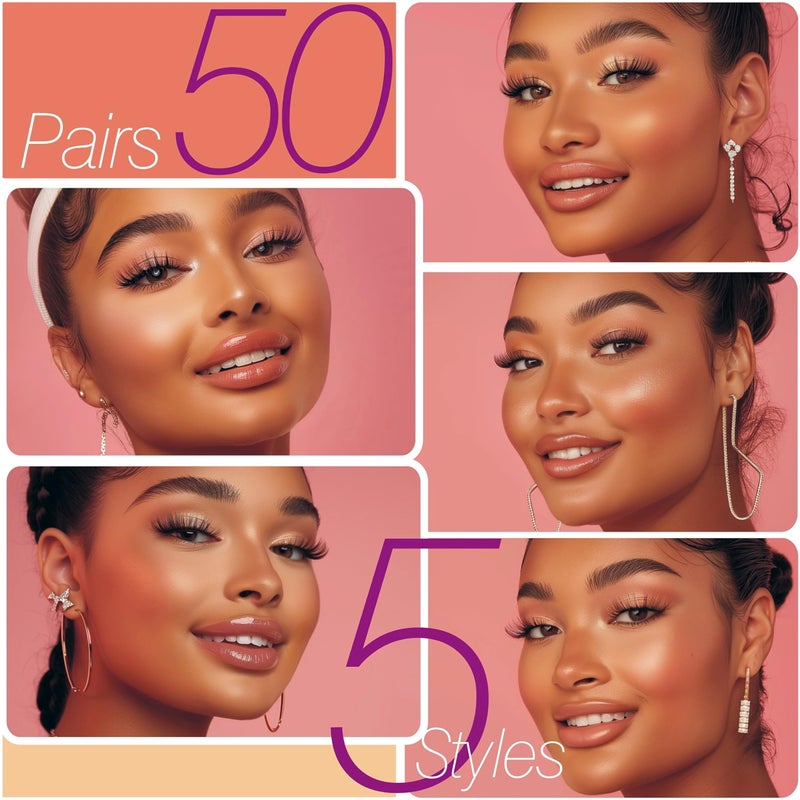 Eliace Eyelashes, (50 Pairs,5 Styles) Luxurious Faux Mink Lashes Natural Look Wispy Fluffy Handmade Cat Eye False Lash Pack, False Eyelashes Set, Fake Lashes Strips, Makeup Fake Eyelashes Pack - Image 4