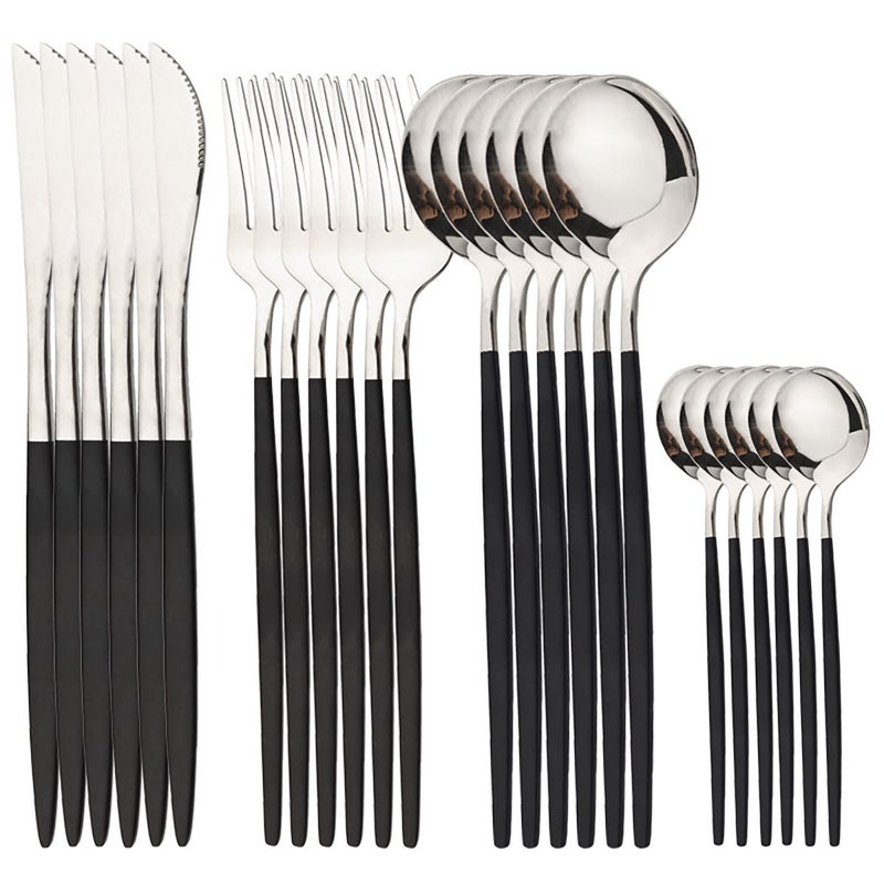 Stainless Steel Black Silvery Cutlery Set 24 Pieces Western Style Knife Fork And Spoon Tableware For Home Kitchen Dishwasher Safe - Image 1