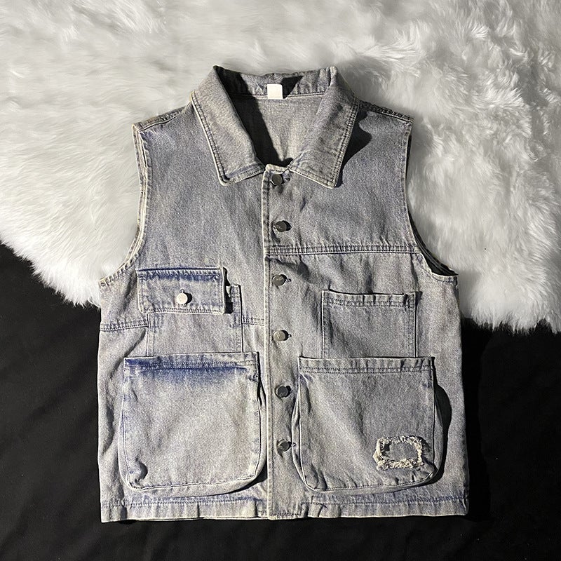 2022 National Fashion New Korean Style Loose Outwear Denim Vest Jacket Ins Hong Kong Style Sleeveless Waistcoat Vest - Image 2