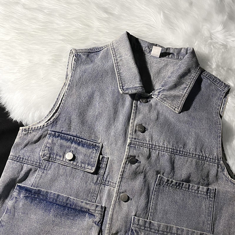 2022 National Fashion New Korean Style Loose Outwear Denim Vest Jacket Ins Hong Kong Style Sleeveless Waistcoat Vest - Image 4