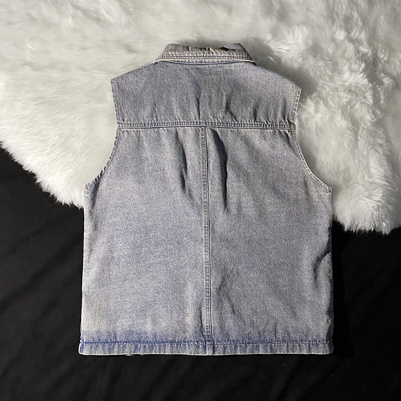 2022 National Fashion New Korean Style Loose Outwear Denim Vest Jacket Ins Hong Kong Style Sleeveless Waistcoat Vest - Image 3
