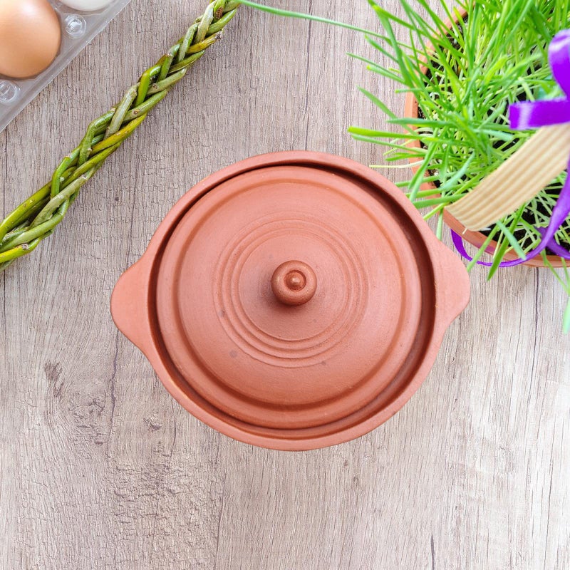 EZAHK EZAHK Natural and Traditional Pure Brown (1 Litre) Handmade Clay Earthen Kadai Pot with Lid for Cooking & Serving  - Image 2