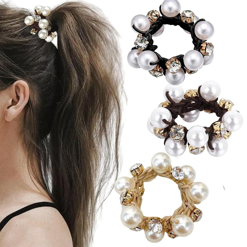 Generic Pearl Elastic Hair Bands Rubber Hair Ropes Ponytail Holders Hair ring headgear Crystal Beads Stretchy Bracelet Hair Ties for Women Girls Hair Ropes Accessories 3pcs 