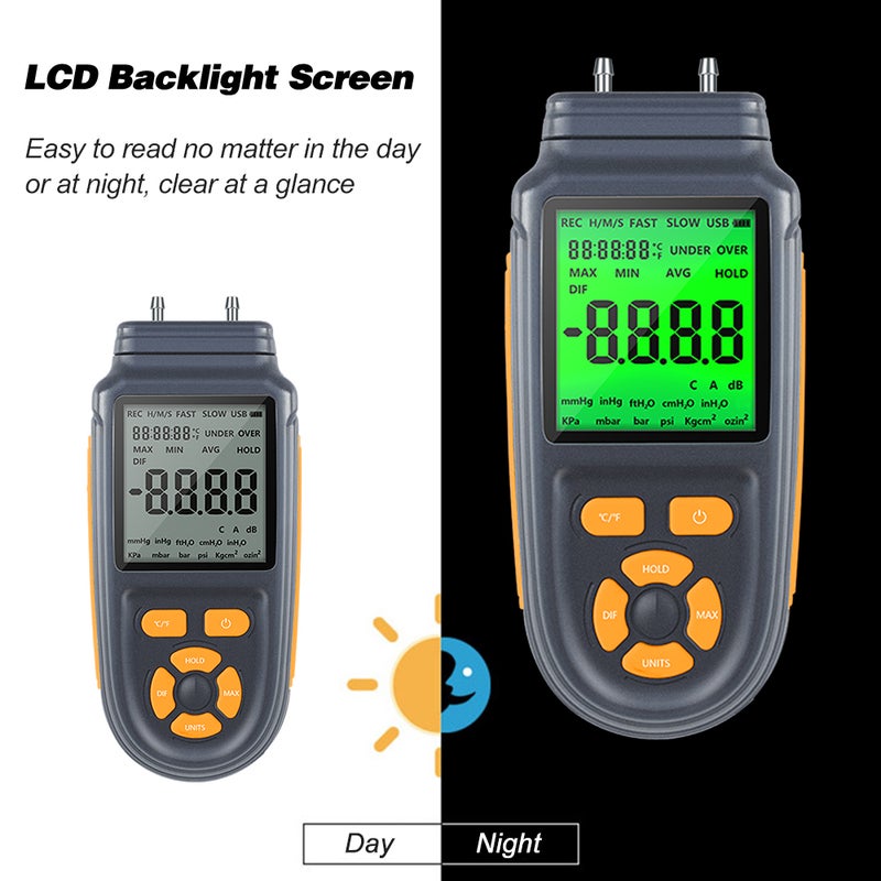 Digital Manometer Dual Port Air Gas Pressure Tester Differential Pressure Gauge with LCD Backlight Display, Battery or USB Cable Powered, Supports Temperature Measurement ℃/ ℉ - Image 5