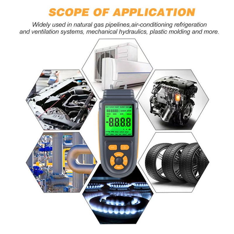 Digital Manometer Dual Port Air Gas Pressure Tester Differential Pressure Gauge with LCD Backlight Display, Battery or USB Cable Powered, Supports Temperature Measurement ℃/ ℉ - Image 3