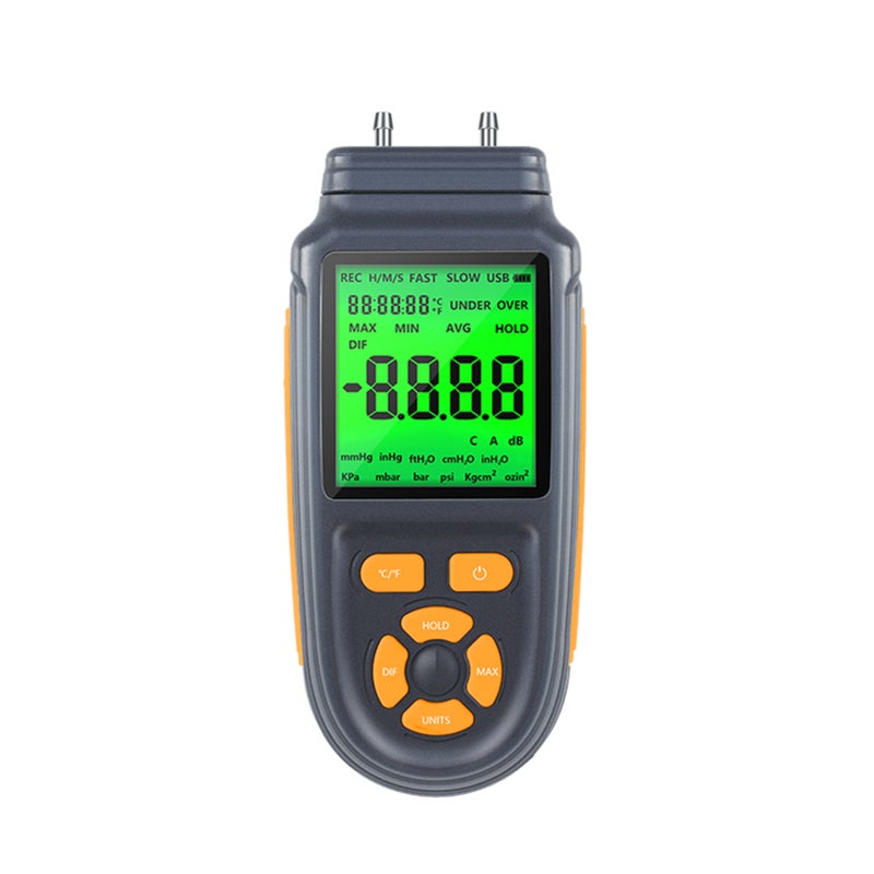 Digital Manometer Dual Port Air Gas Pressure Tester Differential Pressure Gauge with LCD Backlight Display, Battery or USB Cable Powered, Supports Temperature Measurement ℃/ ℉ - Image 1