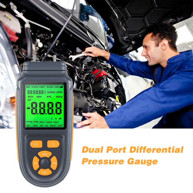 Digital Manometer Dual Port Air Gas Pressure Tester Differential Pressure Gauge with LCD Backlight Display, Battery or USB Cable Powered, Supports Temperature Measurement ℃/ ℉ - Image 2