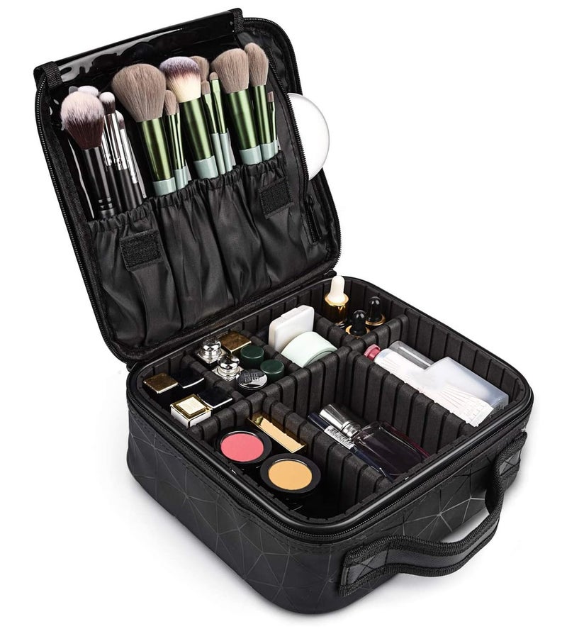 INOVERA (LABEL) Faux Leather Makeup Organizer Bag for Women, Girls & Bride - Travel Cosmetic Kit Storage Organiser - Toiletry Vanity Box with Adjustable Compartment, 26l x 23b x 9h cm (Black Diamond) - Image 4