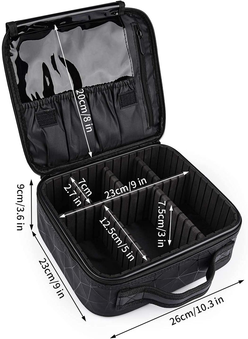 INOVERA (LABEL) Faux Leather Makeup Organizer Bag for Women, Girls & Bride - Travel Cosmetic Kit Storage Organiser - Toiletry Vanity Box with Adjustable Compartment, 26l x 23b x 9h cm (Black Diamond) - Image 2