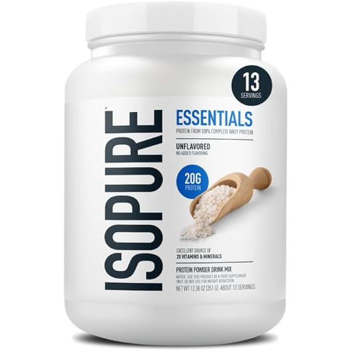 Isopure Essentials 100% Whey Protein Powder, with Vitamins, 20g Protein Per Serving, Unflavored, 13 Servings (Pack of 1) - Image 4