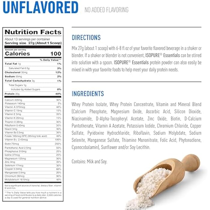 Isopure Essentials 100% Whey Protein Powder, with Vitamins, 20g Protein Per Serving, Unflavored, 13 Servings (Pack of 1) - Image 5