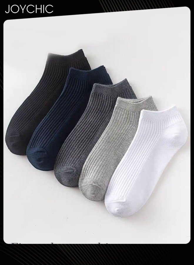 Joychic 5 أزواج من جوارب الرجال ذات الإبرة المزدوجة منخفضة القطع من القطن النقي، قابلة للتنفس وامتصاص العرق، جوارب عمل لجميع الفصول، الخريف والشتاء، متعددة الألوان - Image 1