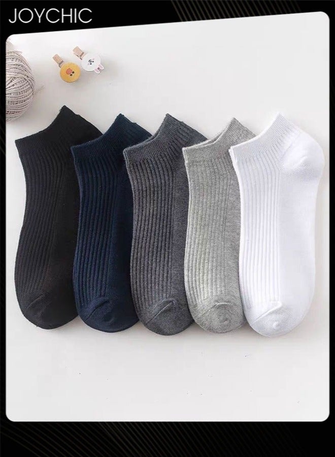 Joychic 5 أزواج من جوارب الرجال ذات الإبرة المزدوجة منخفضة القطع من القطن النقي، قابلة للتنفس وامتصاص العرق، جوارب عمل لجميع الفصول، الخريف والشتاء، متعددة الألوان - Image 2