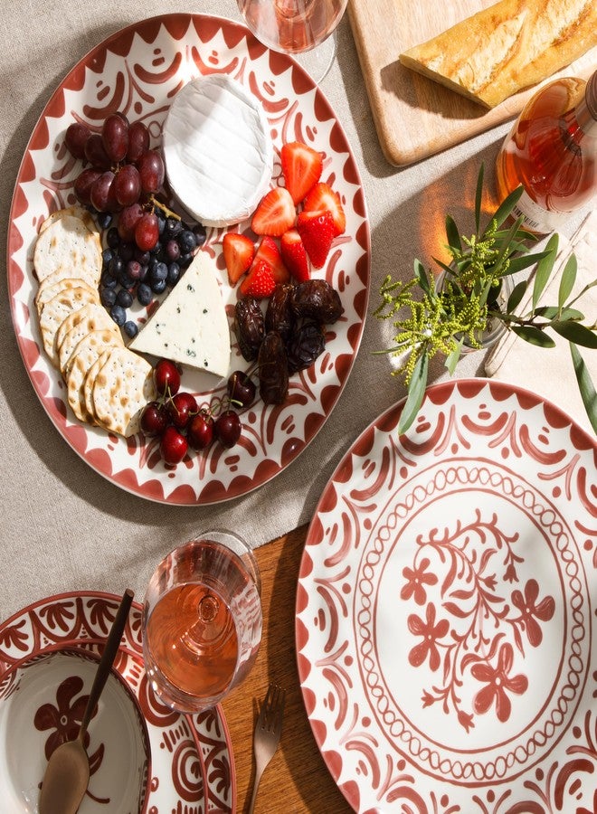 Bloomhouse - 2-Time Oprah’s Favorite Things - Valencia Flor 2 Piece 13” Serving Platter Set, Stoneware Platters, Mediterranean Floral Decal Design, Microwave & Dishwasher Safe, Pomegranate Red - Image 3