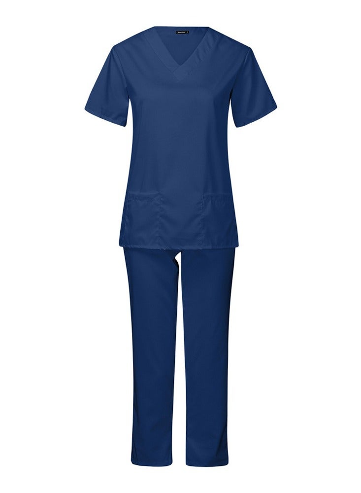 Loquat Medical Uniform Scrubs Set Fast Dry V-Neck Top and Loose Pants Suit Dark Blue - Image 1