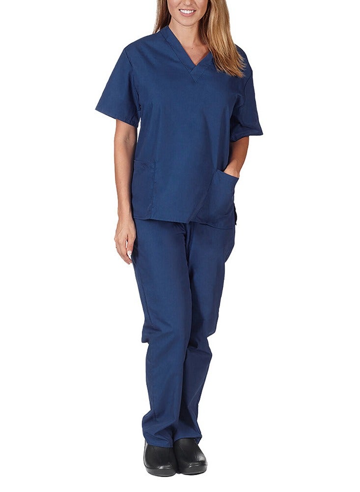 Loquat Medical Uniform Scrubs Set Fast Dry V-Neck Top and Loose Pants Suit Dark Blue - Image 3