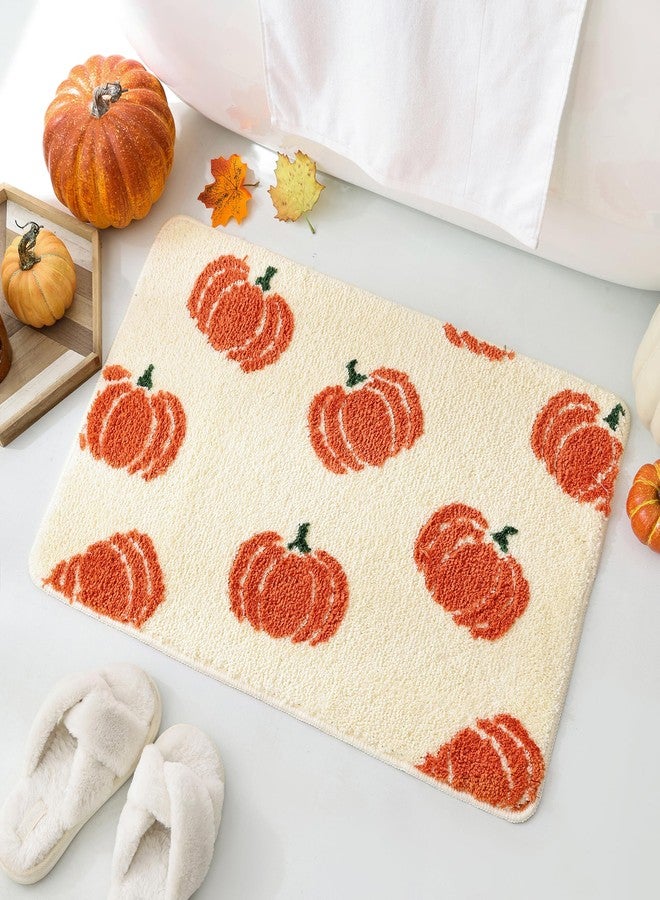 TRUEDAYS Beige Bathroom Rugs with Orange Pumpkins, Cute Bath Mat for Halloween and Thanksgiving, Soft Non Slip Farmhouse Mats Funny Indoor Rug Home Decor Fall and Autumn - Image 1