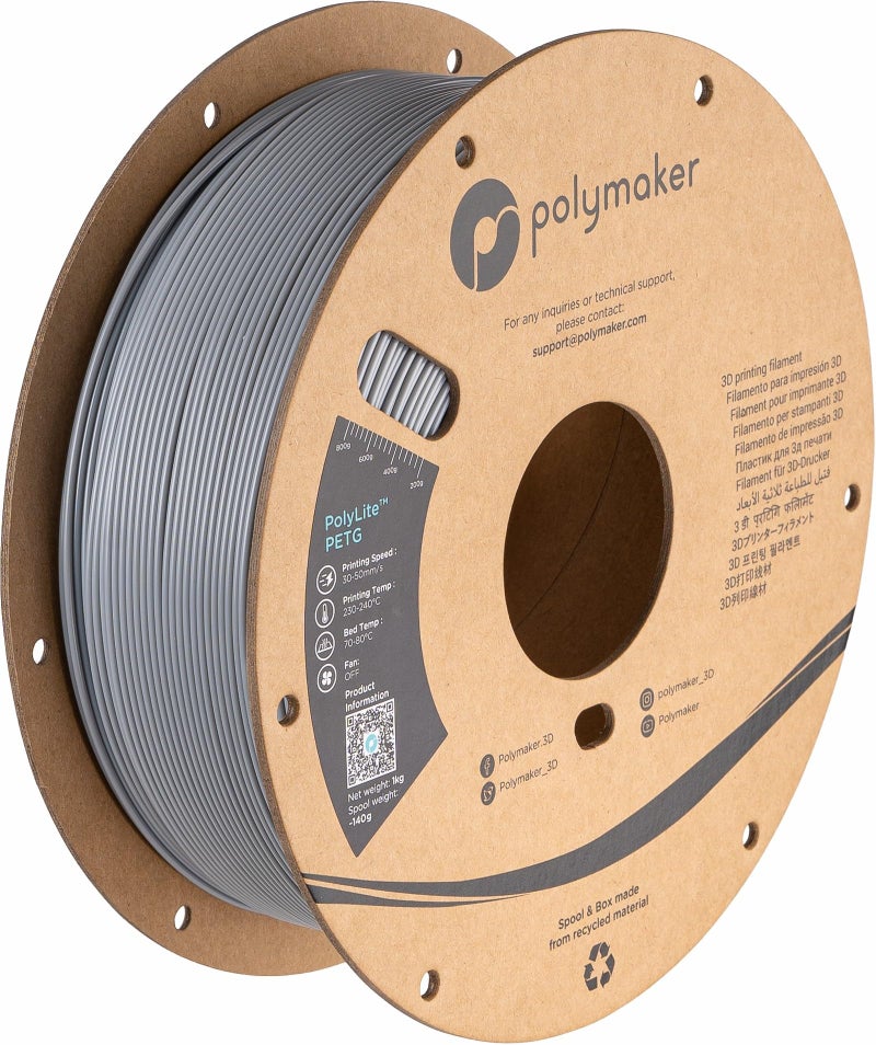 polymaker خيوط بوليمكر PETG 1.75 مم 1 كجم رمادي لطابعة ثلاثية الأبعاد، خيوط بوليلايت PETG للطباعة ثلاثية الأبعاد 1.75 مم، دقة الأبعاد +/- 0.03 مم، الطباعة مع معظم الطابعات ثلاثية الأبعاد - Image 1