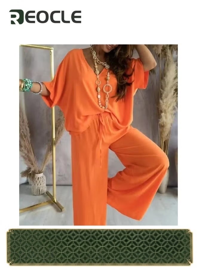 REOCLE Women's 2 Piece Outfit Sweatsuit Casual Short Sleeve Pullover Tops and Drawstring Wide Leg Pants Lounge Sets - Image 1