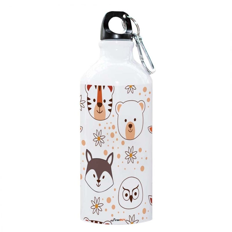 FirseBUY Water Bottle Light Portable 600ml Aluminium Water Bottle with Cartoon Animal Faces Pattern Print Funny Bottle Gift for Kids Girls and Boys - Image 1