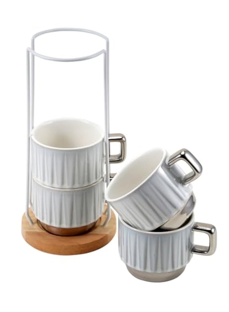 SOLARAE Ceramic Coffee Cup 4 Set, Stackable Coffee Mugs with Rack, 9 oz Coffee Mugs with Handles, Ceramic Coffee Cups, Cappuccino Coffee Cups, Stackable Mugs with Rack, for Coffee, Tea, Cocoa, Milk, Latte - Image 1