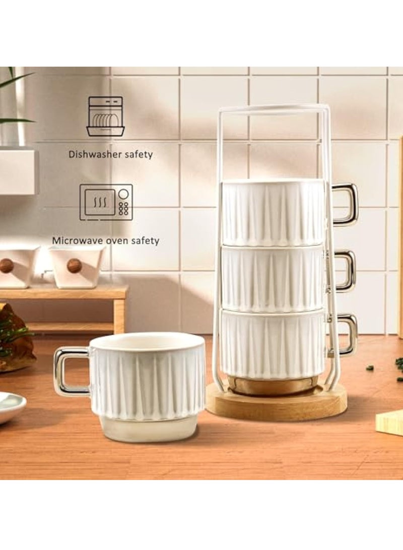 SOLARAE Ceramic Coffee Cup 4 Set, Stackable Coffee Mugs with Rack, 9 oz Coffee Mugs with Handles, Ceramic Coffee Cups, Cappuccino Coffee Cups, Stackable Mugs with Rack, for Coffee, Tea, Cocoa, Milk, Latte - Image 2