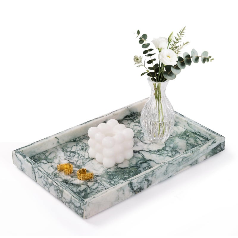 Homaura Marble Bathroom Tray for Countertop & Home Decor, Natural Decorative Marble Tray for Jewelry & Perfume Organizer, Luxury Stone Vanity Trays for Dresser, Kitchen Counter, 12" x 8", Jade Green - Image 1